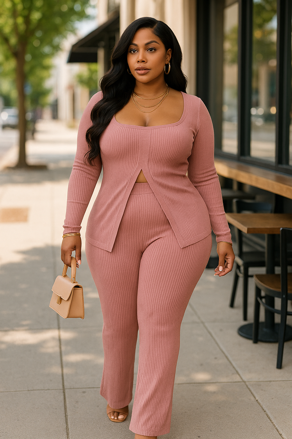Plus Size Ribbed Pant Set With Slit Detail