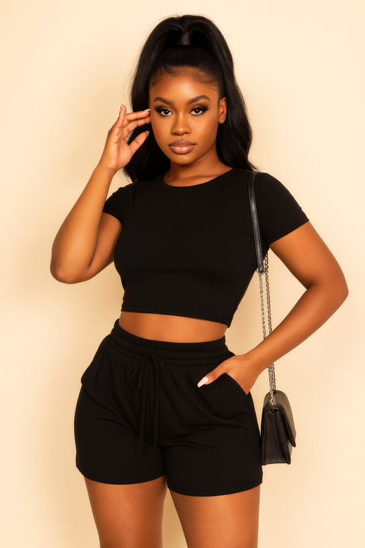 Ribbed Knit Drawstring Lounge Shorts Set