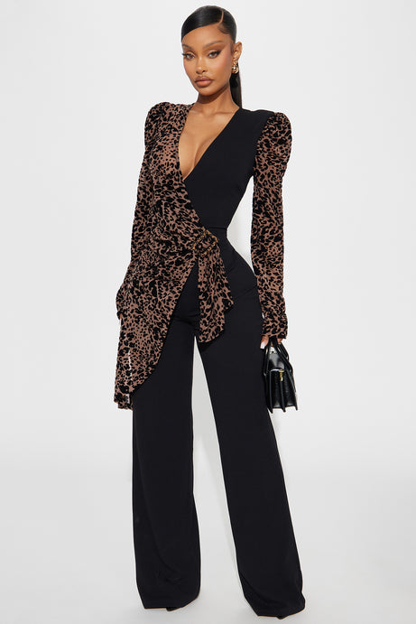 Plunging V Buckle Detail Leopard Jumpsuit