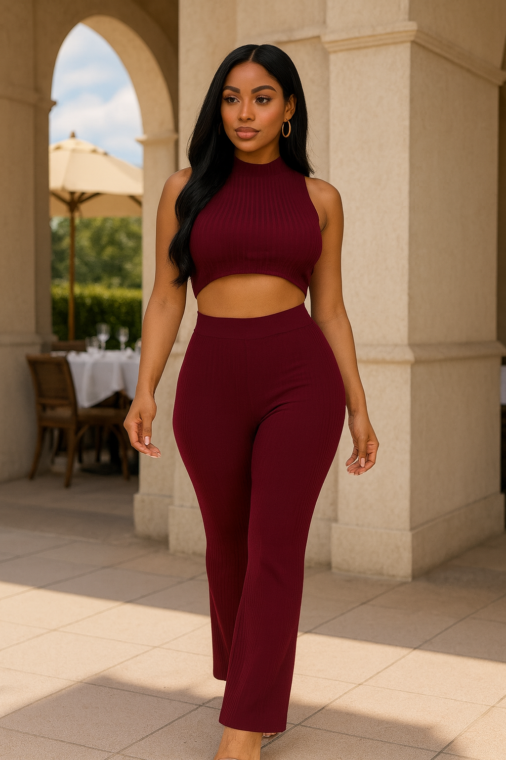 Ribbed Mock Neck Crop Tank Top & Bootcut Pants Set