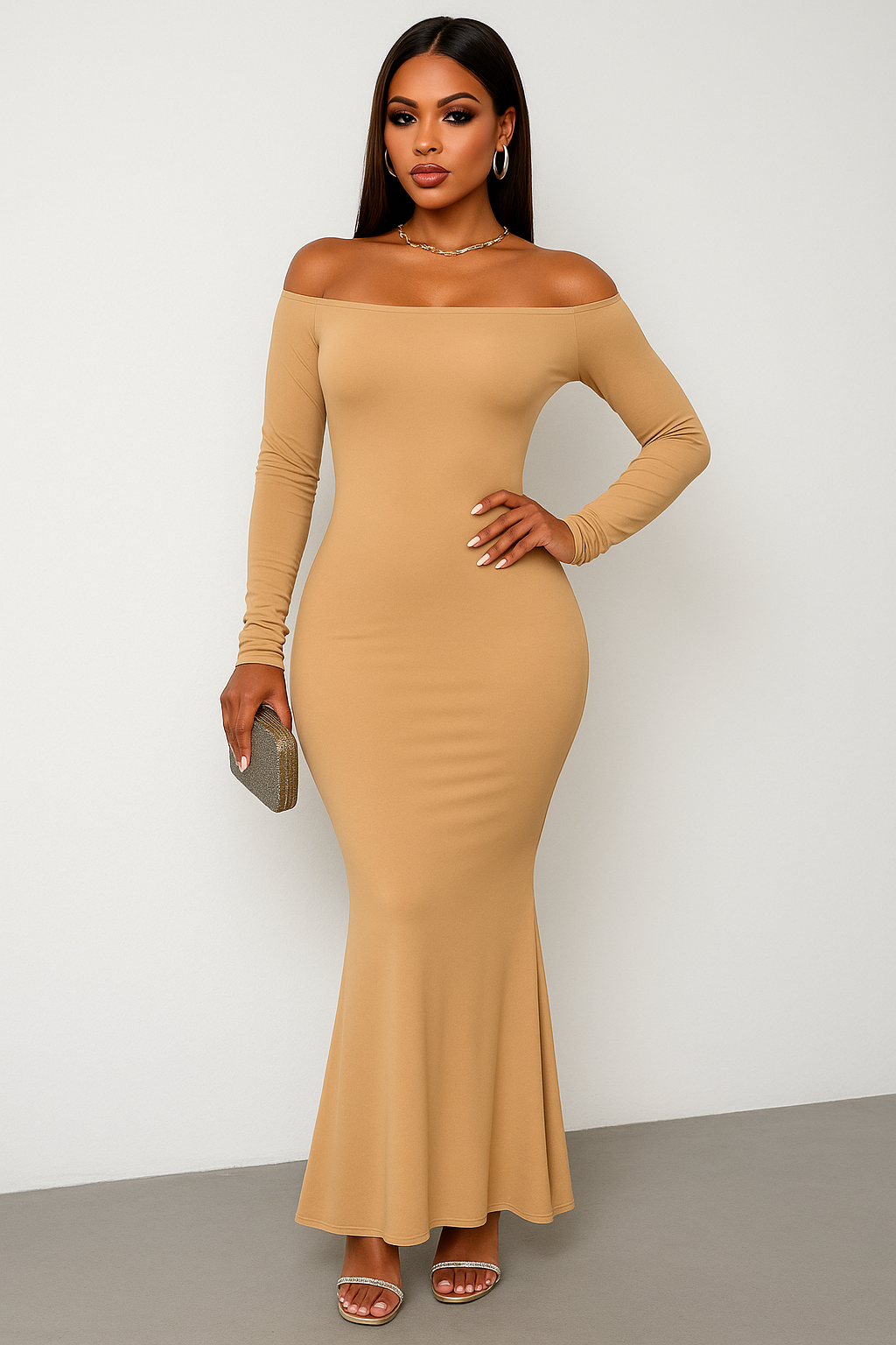 Solid Elastic Off Shoulder Bodycon Long Sleeve Dress