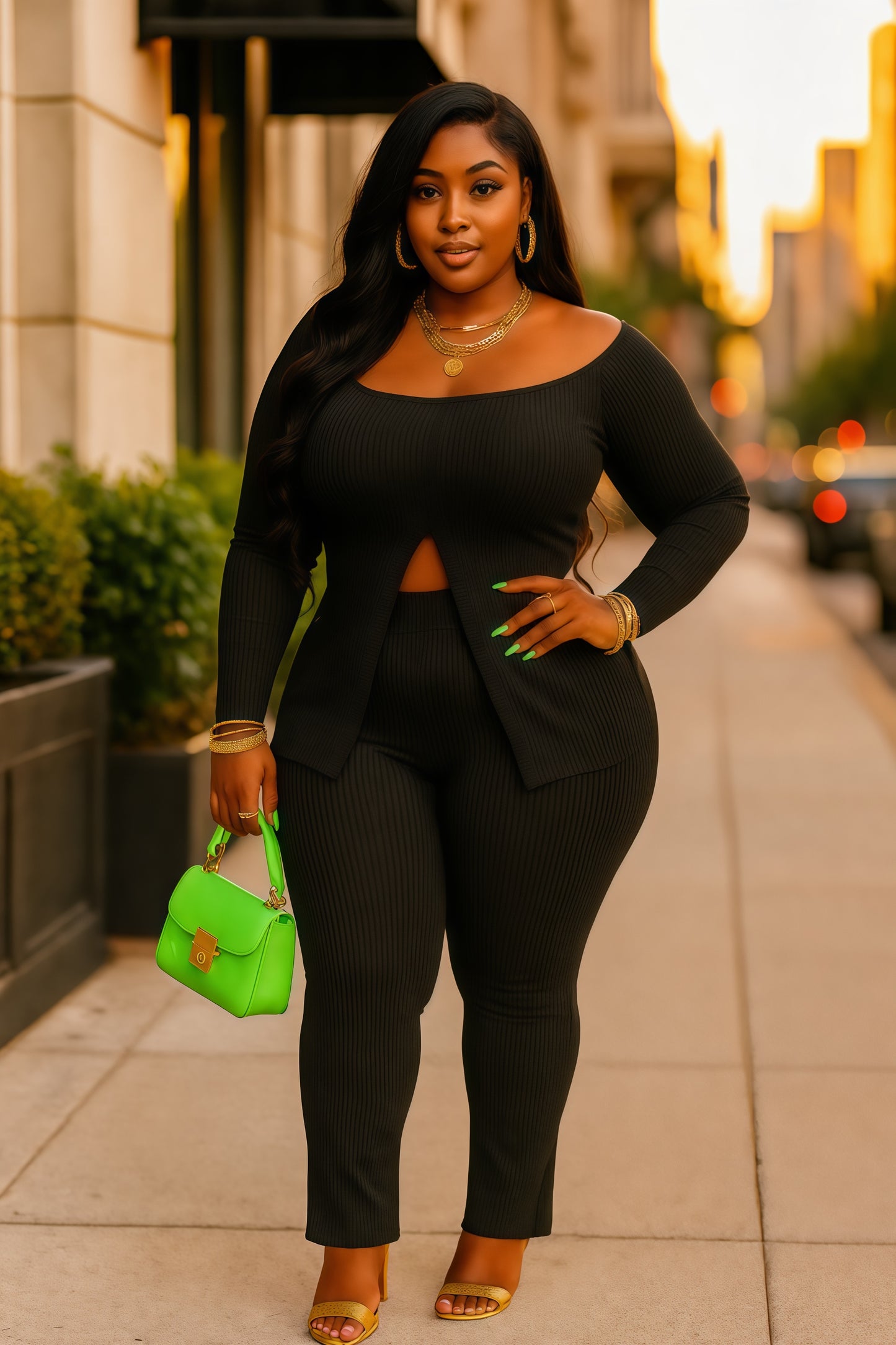 Plus Size Ribbed Pant Set With Slit Detail