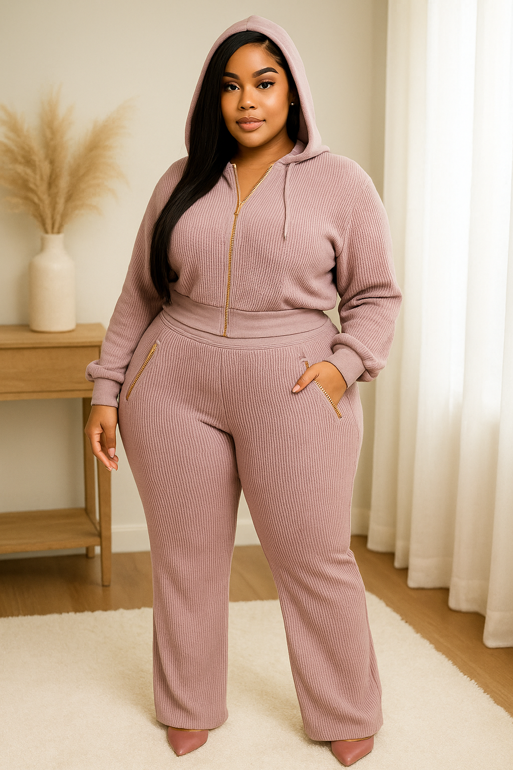 Zipper Closure Hoodie Jacket & Pants Set