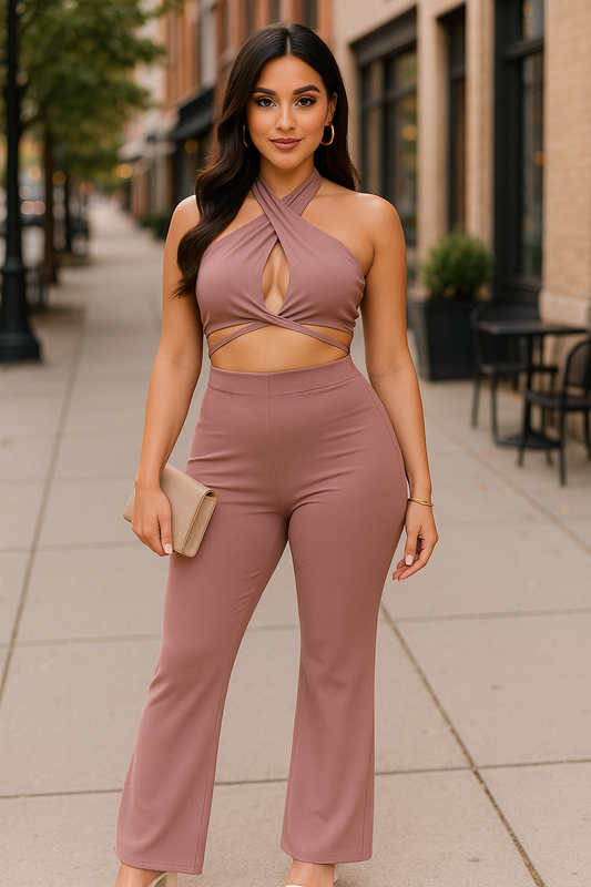 Solid Halter Top And Elastic Leggings Set