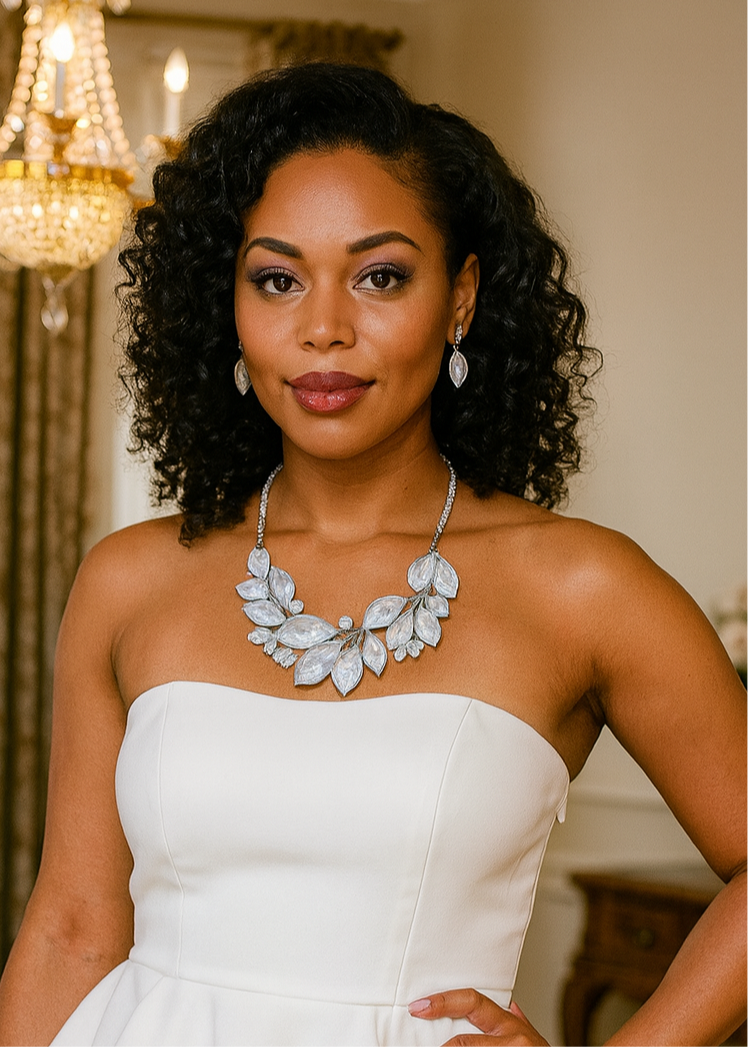 Jeweled Leaf Branch Cluster Bib Necklace Set
