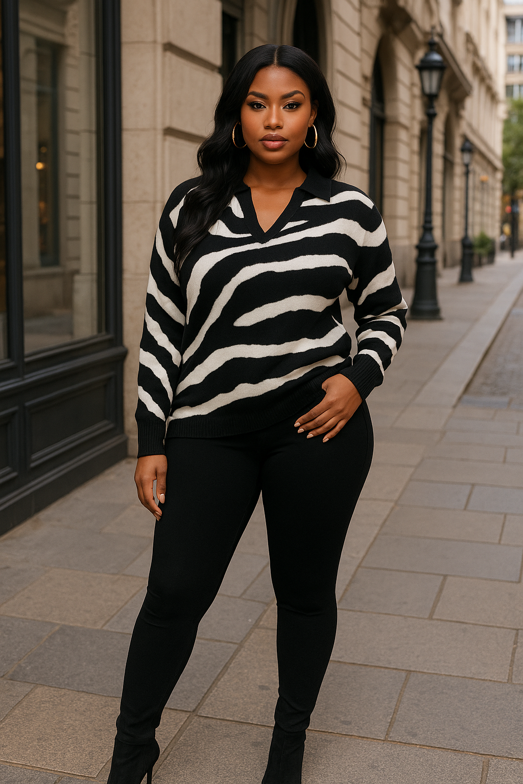 Pullover Collared V-neck Sweater Top And Pant Set