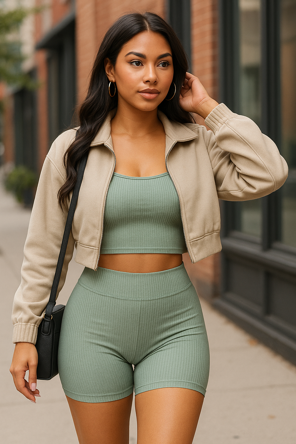 Ribbed Cami Crop Top & Ruched Shorts Set