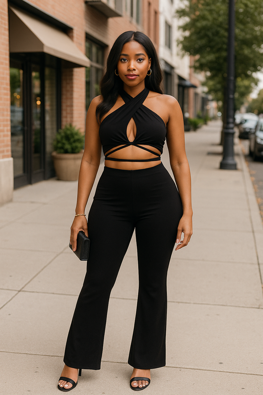 Solid Halter Top And Elastic Leggings Set