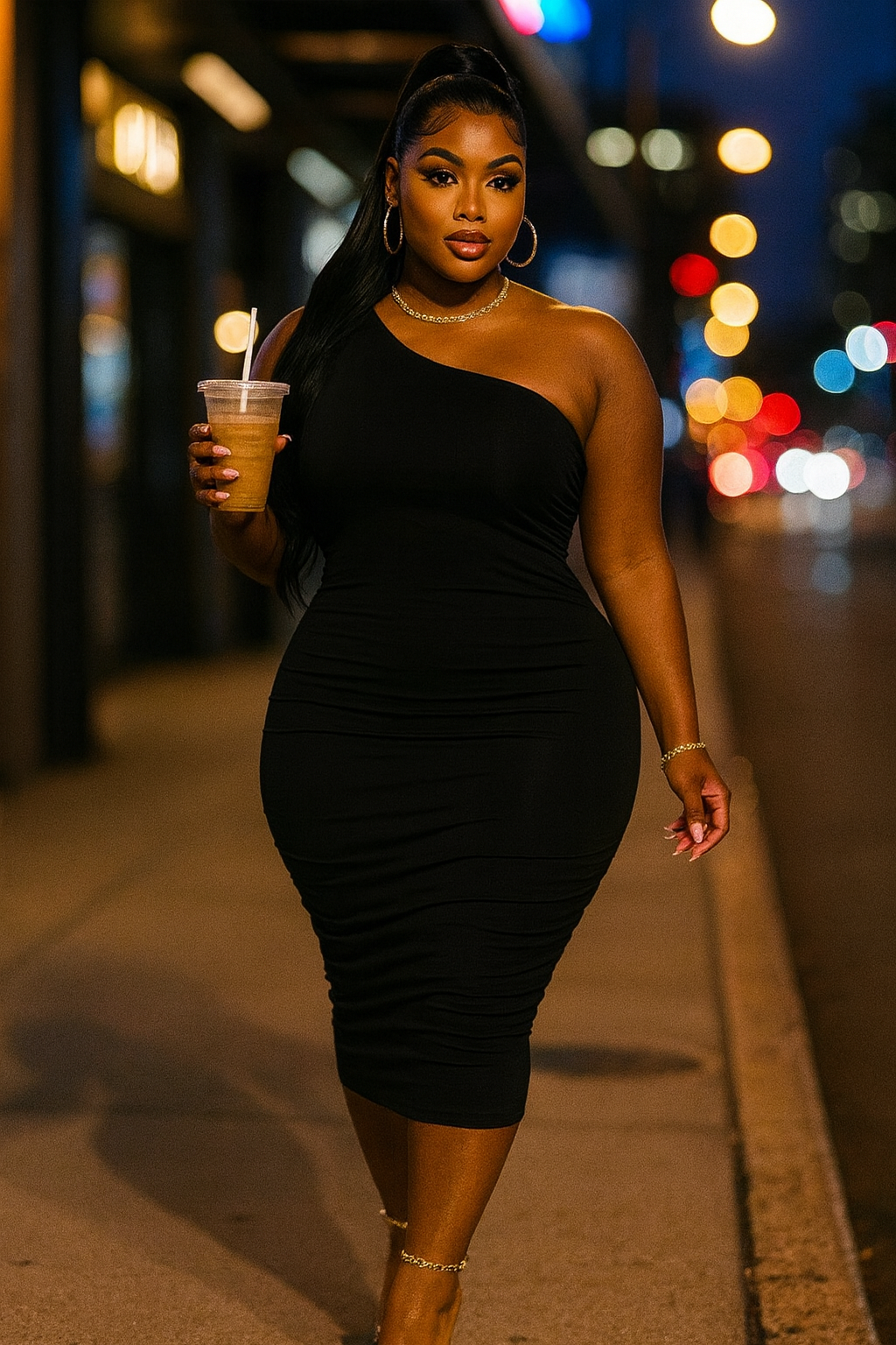 Plus Size Sexy Solid Color Ruched One Shoulder Midi Bodycon Dress