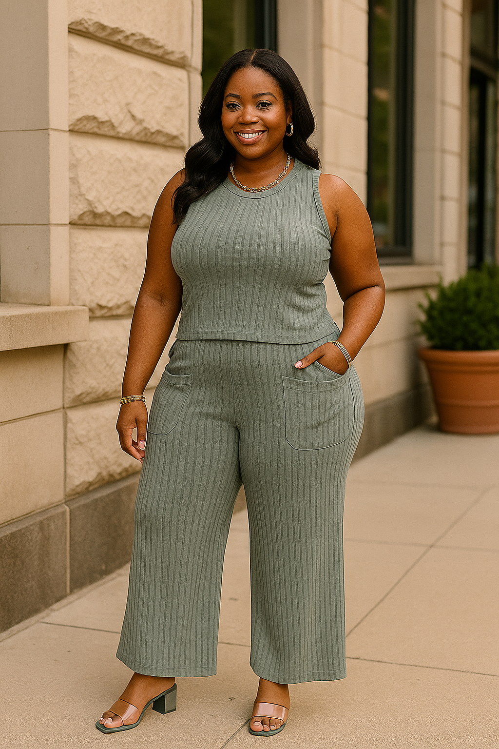 Ribbed Tank and Wide Leg Pants Set