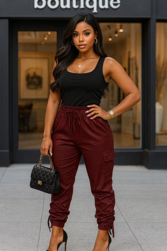 Solid Drawstring Hem Flap Pocket Side Stacked Pant