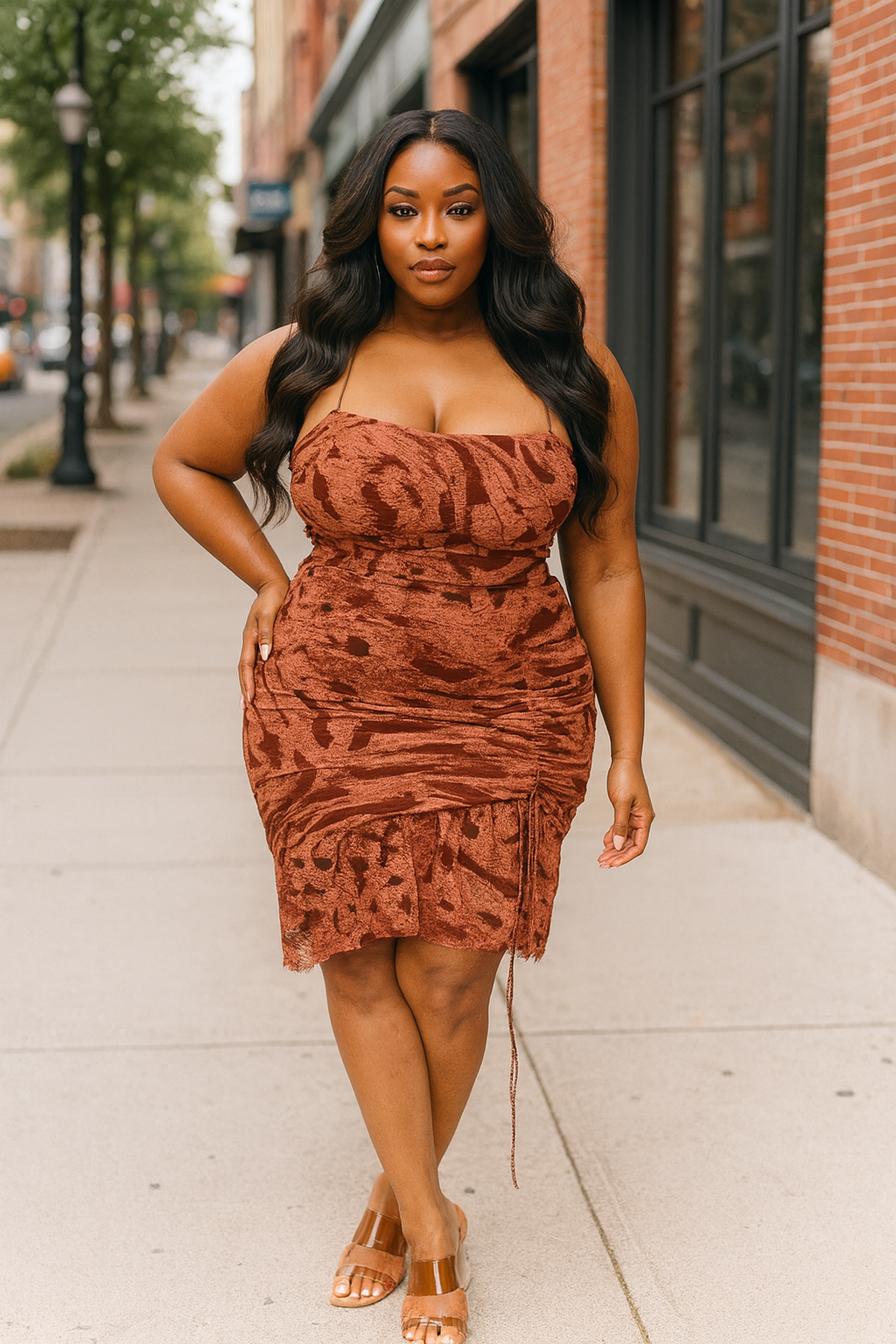 Plus wild animal print cami strap ruffle hem dress