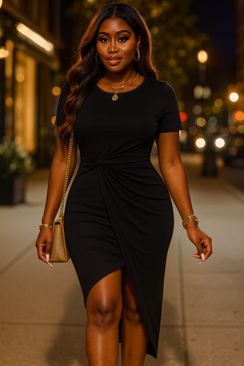 Solid Short Sleeve Twisted Split Fit Midi Dress