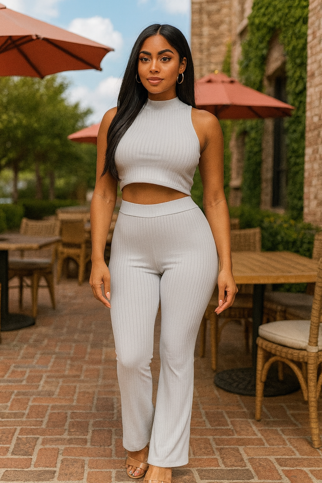 Ribbed Mock Neck Crop Tank Top & Bootcut Pants Set
