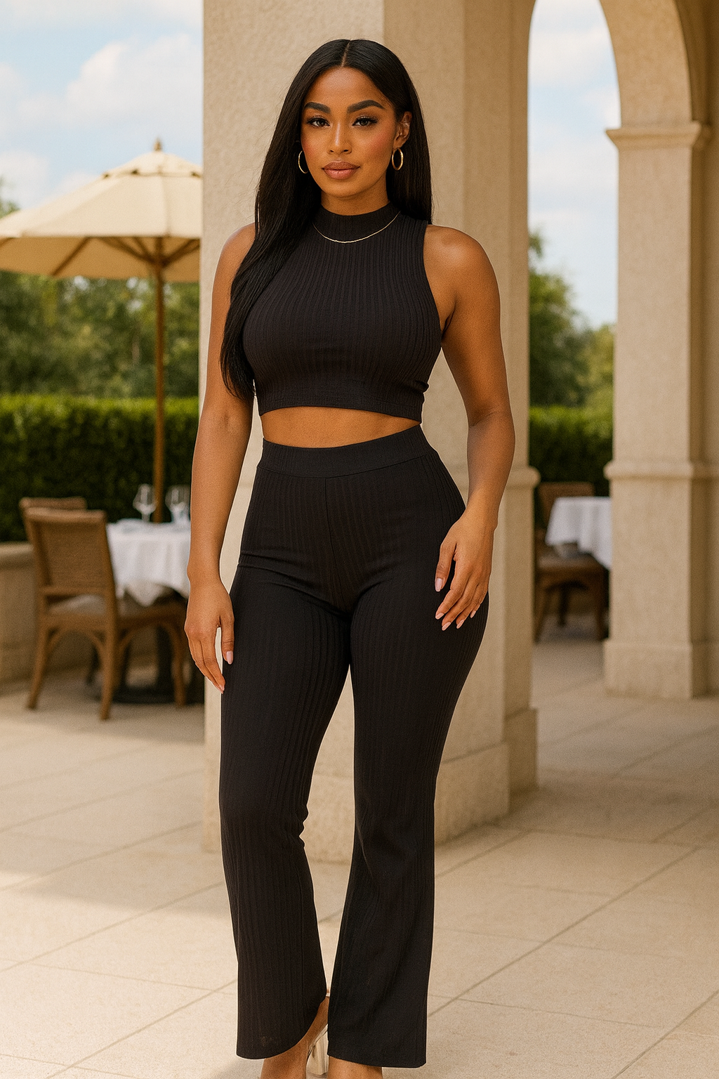 Ribbed Mock Neck Crop Tank Top & Bootcut Pants Set
