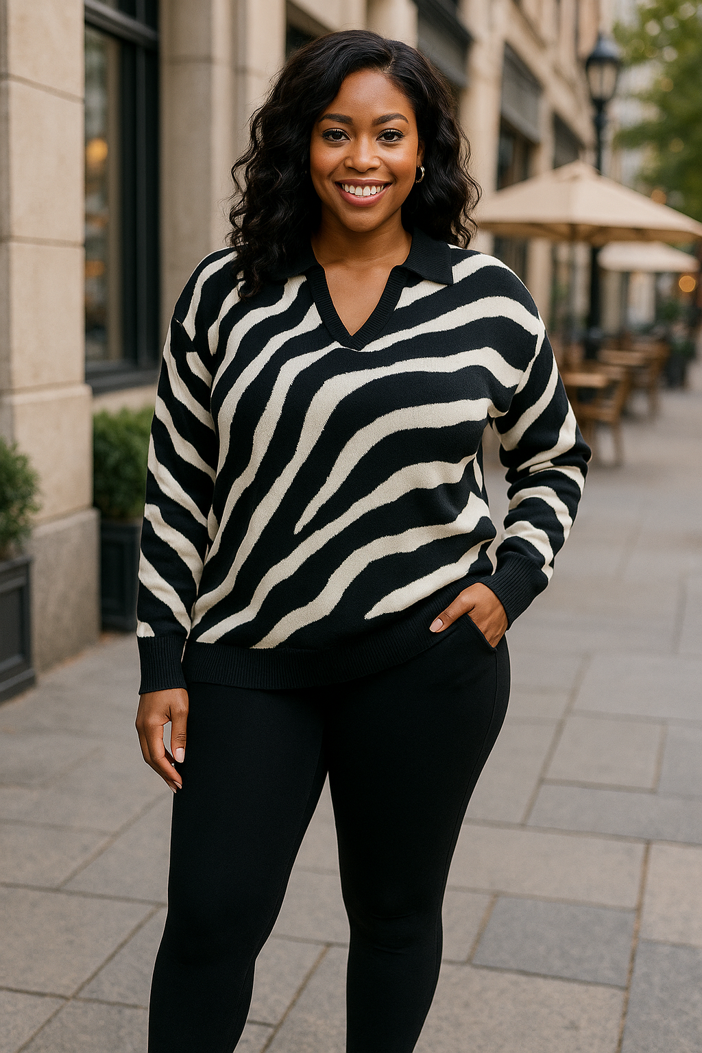 Pullover Collared V-neck Sweater Top And Pant Set