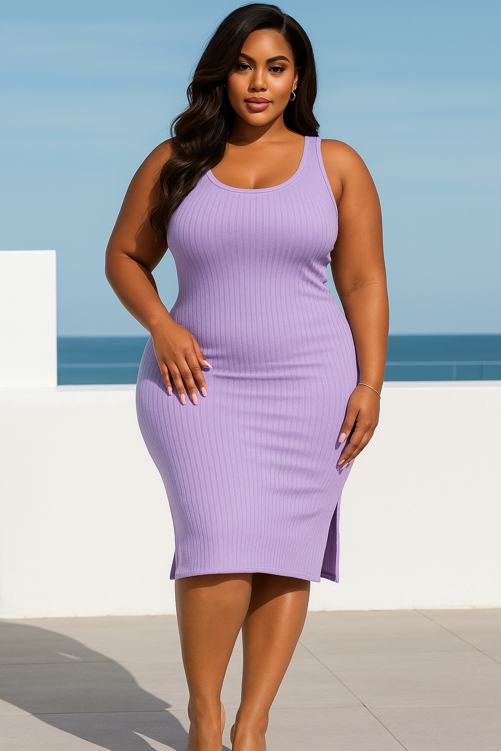 Plus Size Ribbed Side Slit Tank Midi Dress