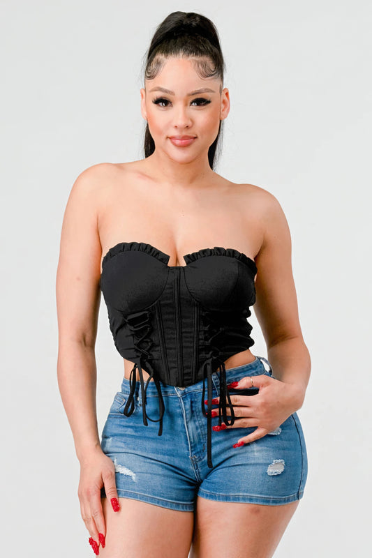 Luxe sweetheart ruffled drawstring lace bustier top | APPAREL, Black, CCPRODUCTS, Off White, SALE, SALE 20% OFF, SALE APPAREL, TOPS | Style Your Curves