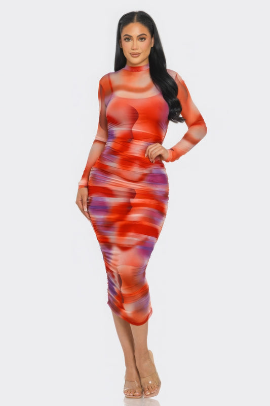Summer Heat Print Mesh Ruched Midi Dress | APPAREL, CCPRODUCTS, DRESSES, NEW ARRIVALS, Tomato/Purple | Style Your Curves