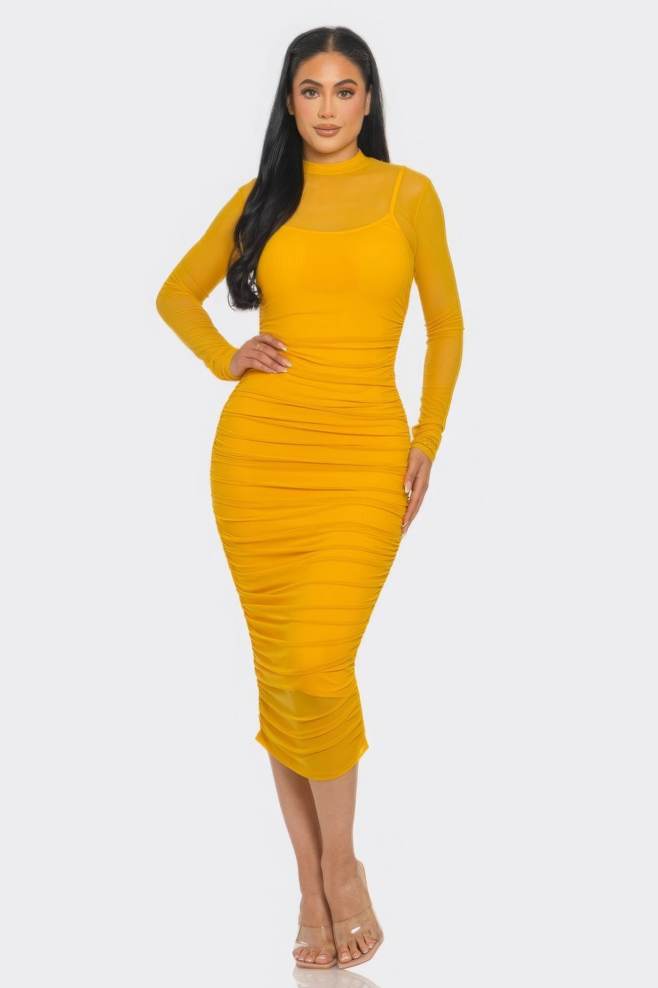 Solid Mesh Ruched Midi Dress | APPAREL, CCPRODUCTS, Cream, DRESSES, Fuchsia, Green, Mustard, NEW ARRIVALS, Orange | Style Your Curves