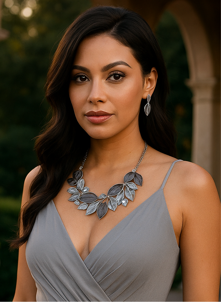 Jeweled Leaf Branch Cluster Bib Necklace Set