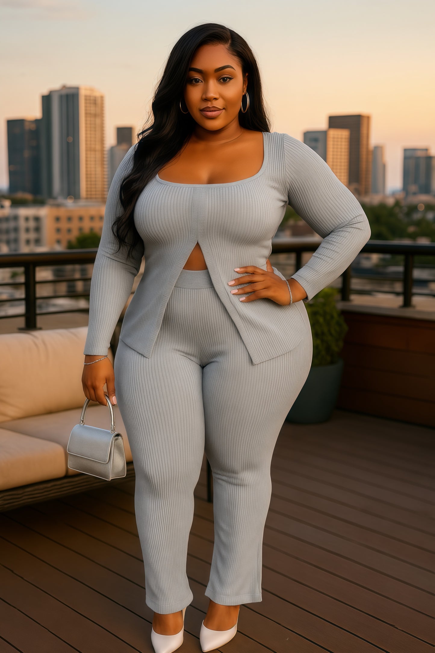 Plus Size Ribbed Pant Set With Slit Detail