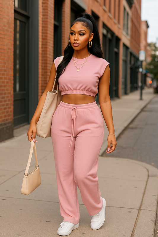 Elastic Hem Crop Top & Wide Leg Pants Set With Faux Drawstring