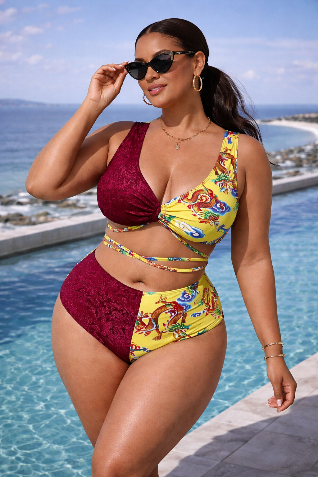 Plus Size Chinese Dragon Print Bikini Set