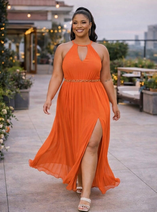 Chiffon Pleated Gold Trim Neck & Belt Cut Out Chest Maxi Dress