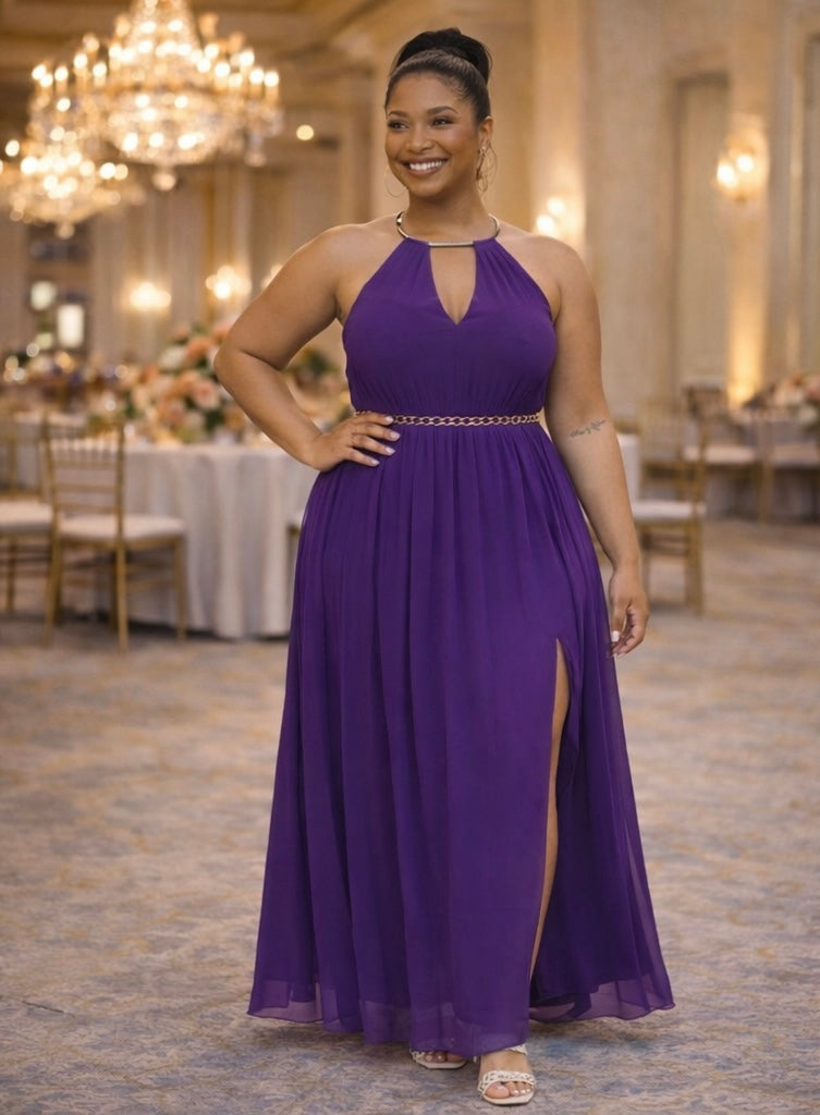 Chiffon Pleated Gold Trim Neck & Belt Cut Out Chest Maxi Dress