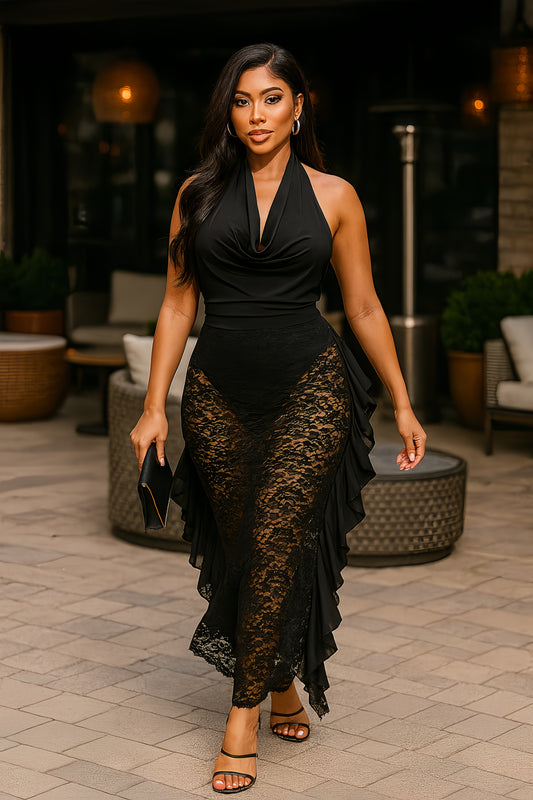 Cowl Halter Ruffled Skirt Set