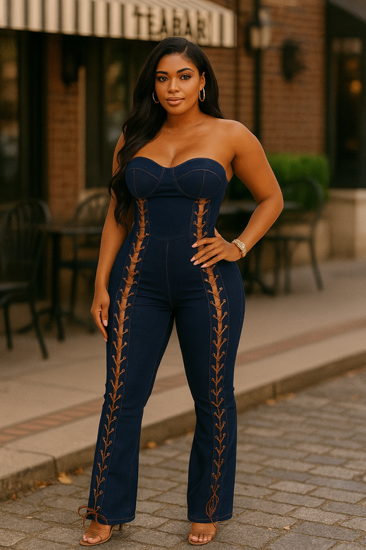 Lace Up Detail Denim Jumpsuit