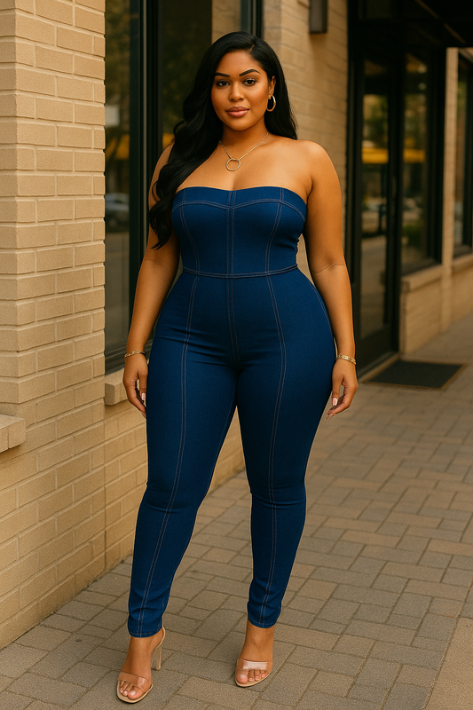 Strapless Denim Jumpsuit With Lace Up Back