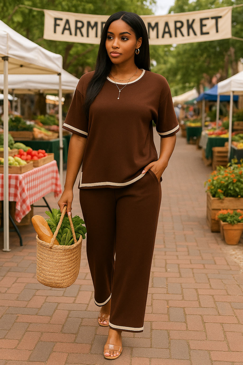 Two Pieces Outfits Knit Short Sleeve Wide Leg Loun