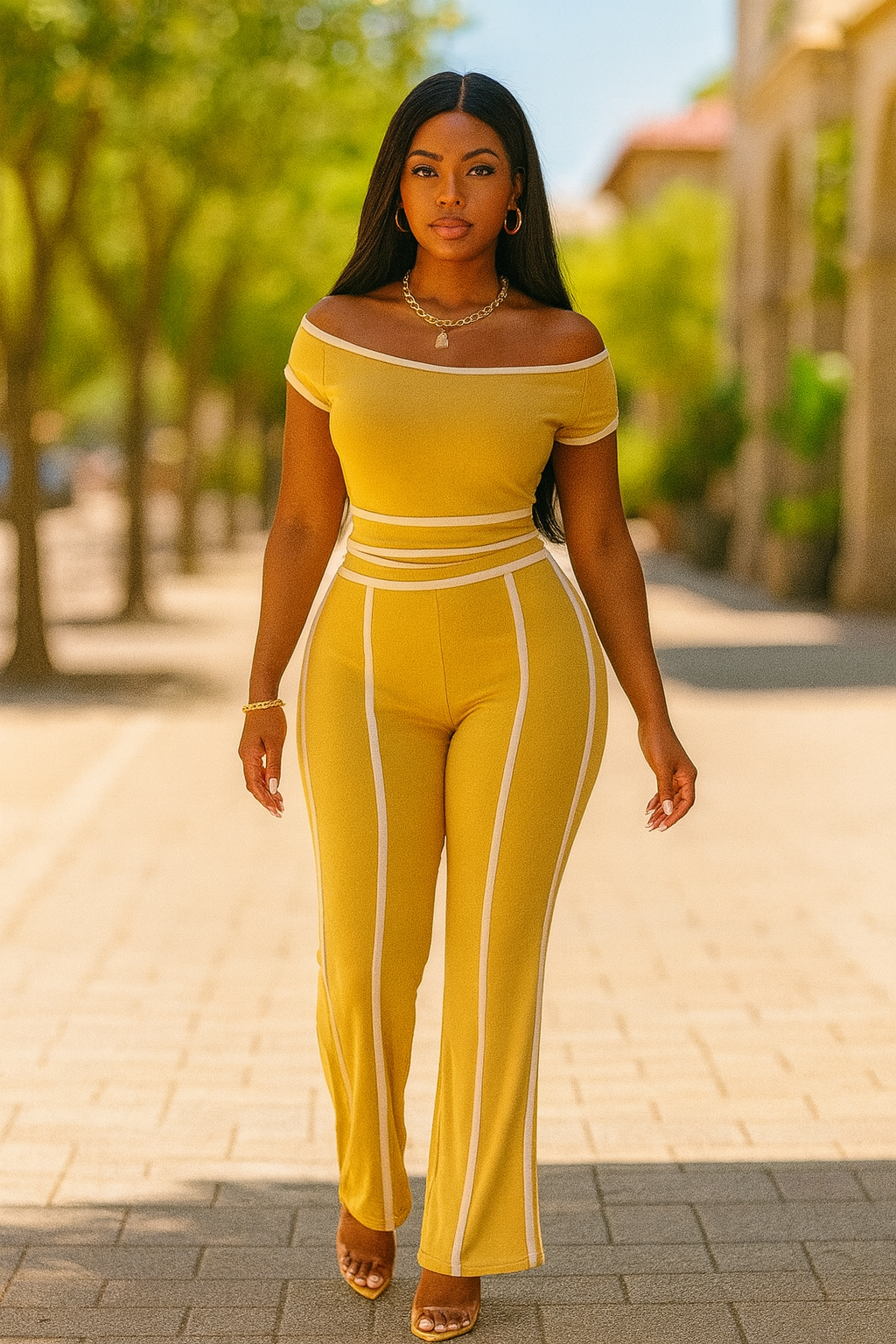 Color Contrast Detailed Off Shoulder Set