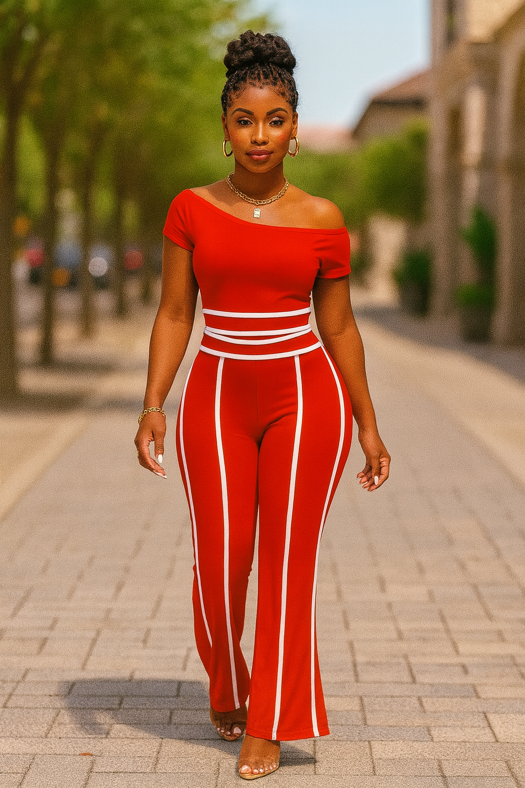 Color Contrast Detailed Off Shoulder Set