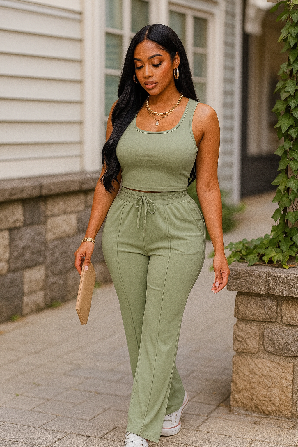 Ribbed Tank Top And Pant Set