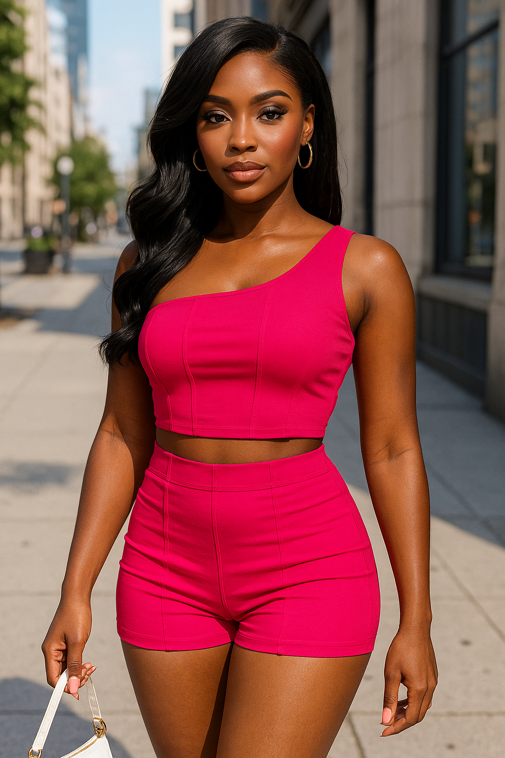 Exposed Seam One Shoulder Crop Top & Shorts Set