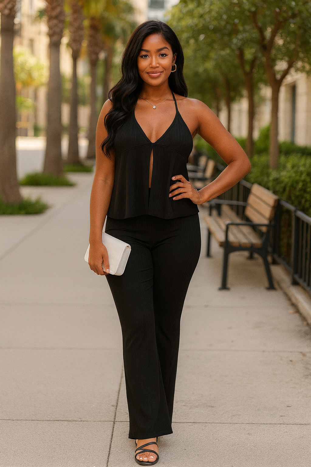 Split Front Backless Halter Top & Flare Pants Set