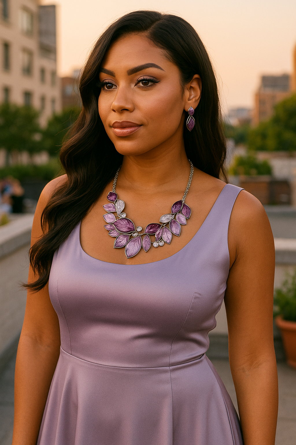 Jeweled Leaf Branch Cluster Bib Necklace Set