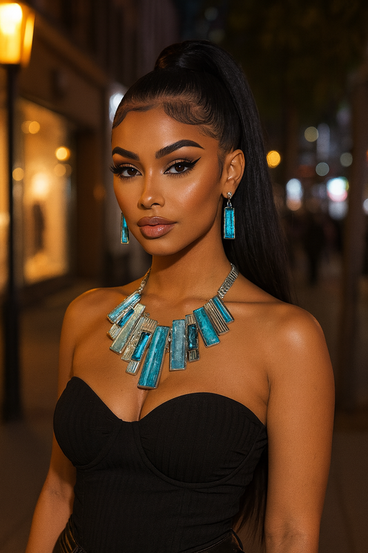 Geometric Fringe Gemstone Metal Bib Necklace Set