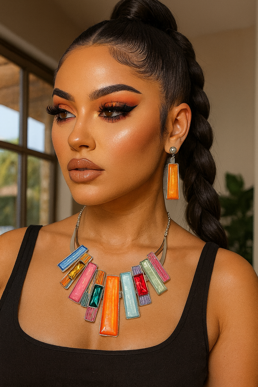Geometric Fringe Gemstone Metal Bib Necklace Set