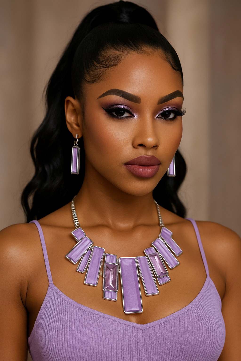Geometric Fringe Gemstone Metal Bib Necklace Set