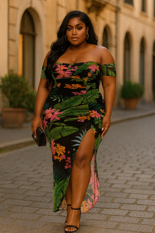 Plus Tropical Off Shoulder Draped Slv Maxi Dress