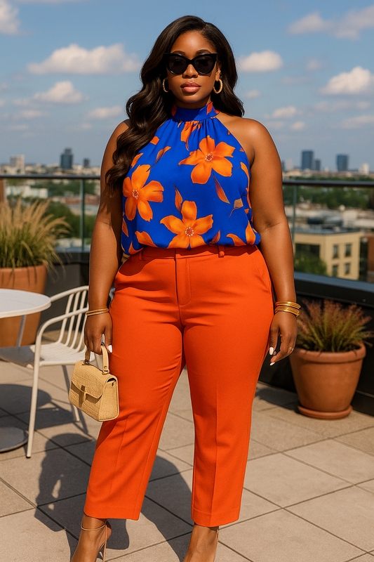 Plus Gingko Leaf Print Short Sleeve Halter Shirt