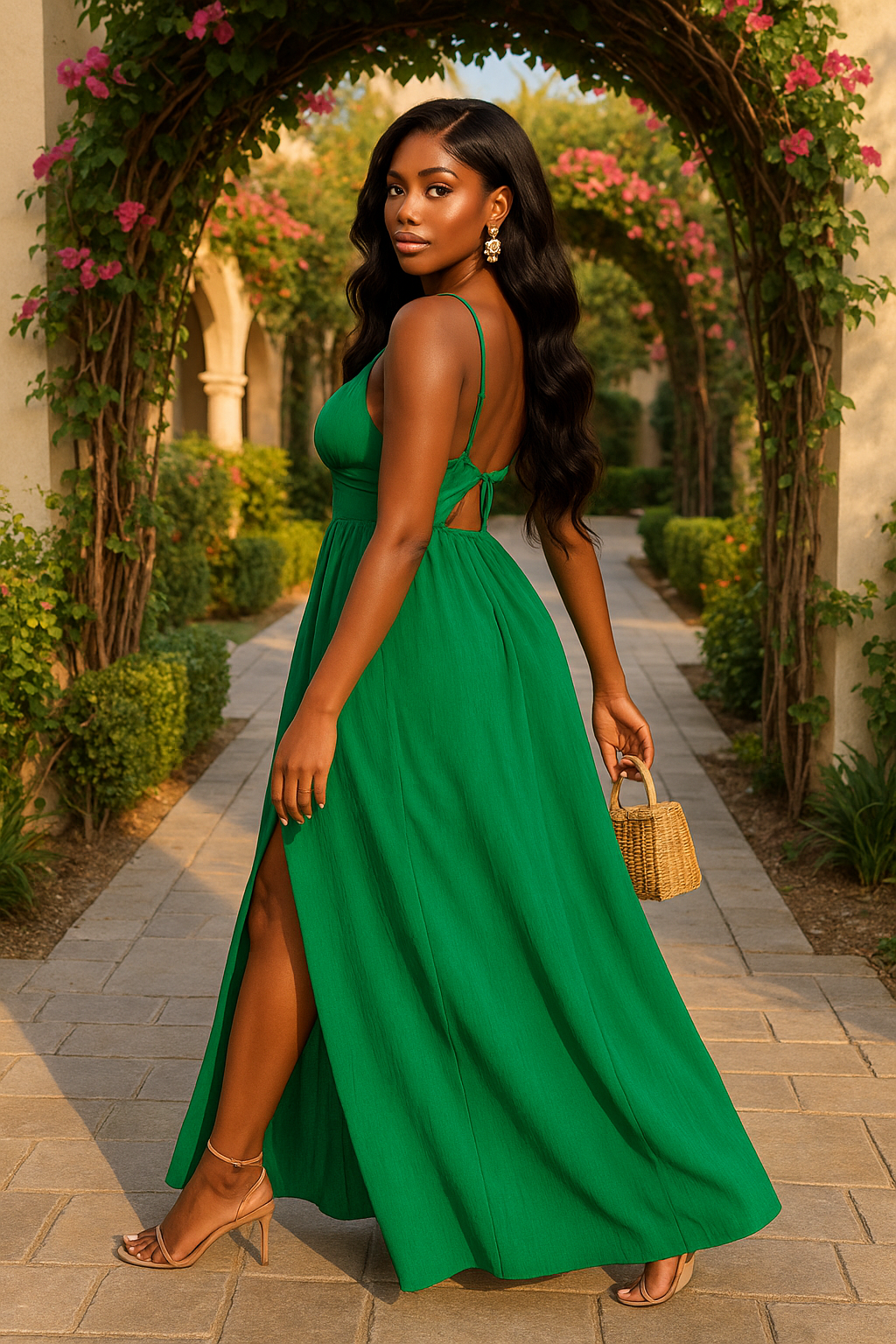 A Line Deep V Neck High Waist Split Hem Dress