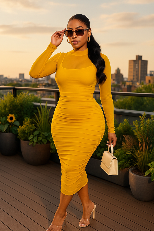 Solid Mesh Ruched Midi Dress