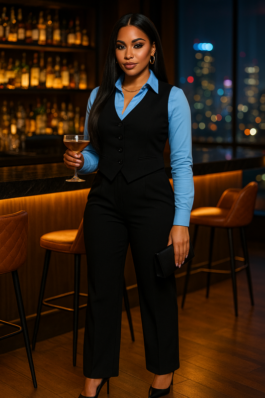 Tailored Button Vest With Adjustable Back Tie & Wide Leg Pants Set