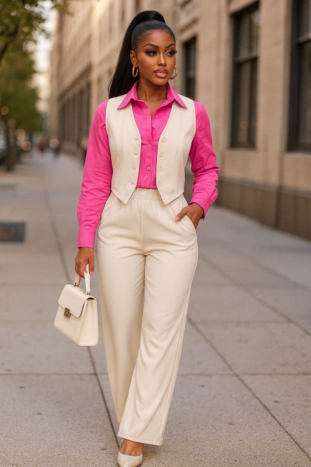 Tailored Button Vest With Adjustable Back Tie & Wide Leg Pants Set