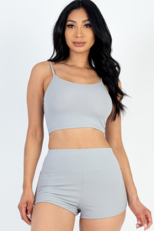 Ribbed Cami Crop Top & Ruched Shorts Set | APPAREL, Berry, Black, CCPRODUCTS, downtown Brown, Gray, Green Bay, NEW ARRIVALS, Polignac, Royal, SETS, Taupe, White, Yellow | Style Your Curves